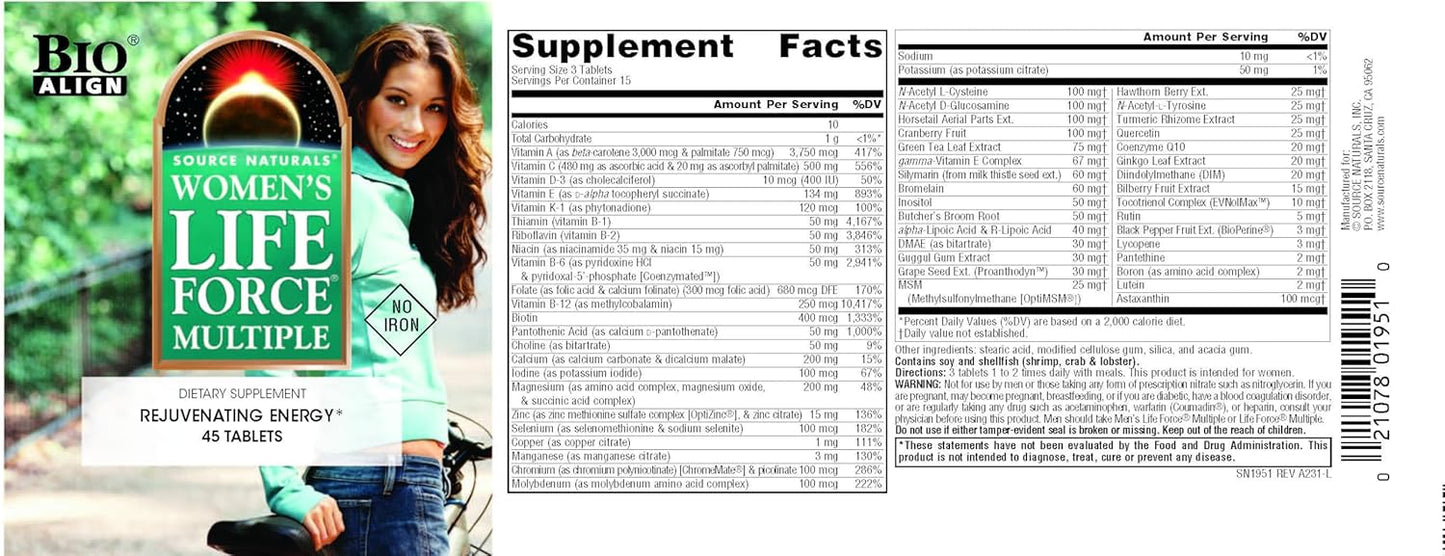 Women's Life Force Multiple Iron Free - Daily Multivitamin with 13 Essential Vitamins, Antioxidants, Herbs, Nutrients, and Minerals for Enhanced Energy and Immune Support - 45 Tablets