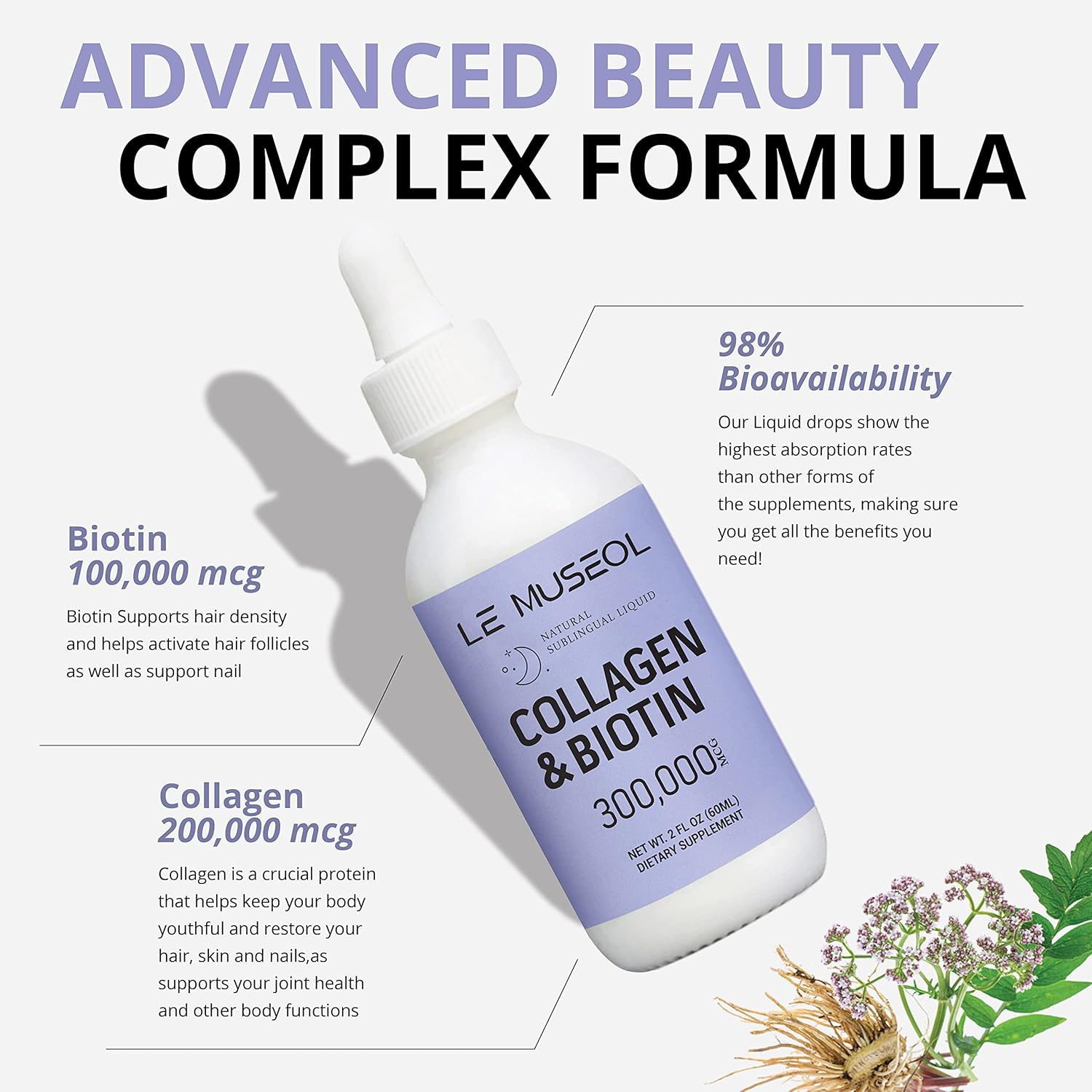 Women's Liquid Collagen with Biotin, Reishi, Chamomile, and Valerian Root Extract Drops for Healthy Skin and Hair