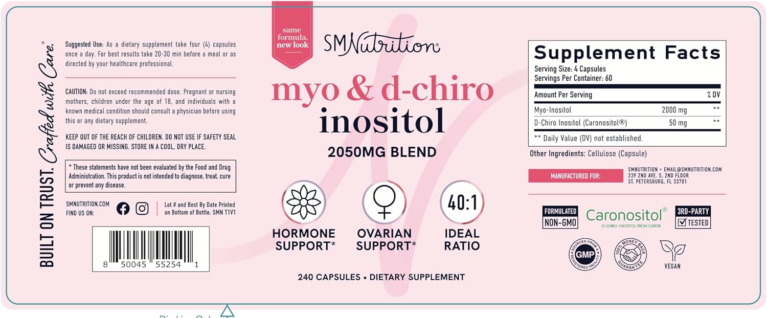 Women's Menstrual Cycle Support Supplement with Myo-Inositol & D-Chiro Inositol in 40:1 Ratio - 2000mg Myo & 50mg D Chiro with Vitamin B8 - 240 Ct
