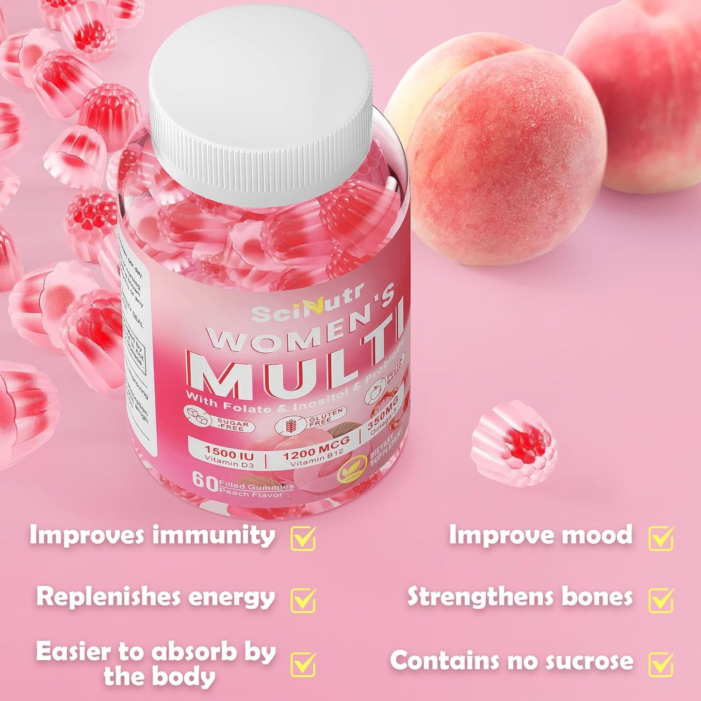 Women's Methylated Multivitamin Gummies with Calcium, Magnesium, Zinc, Vitamin A, C, D3, E, K2, B Complex, Folate, Biotin - Energy, Immune Support, Bone Health