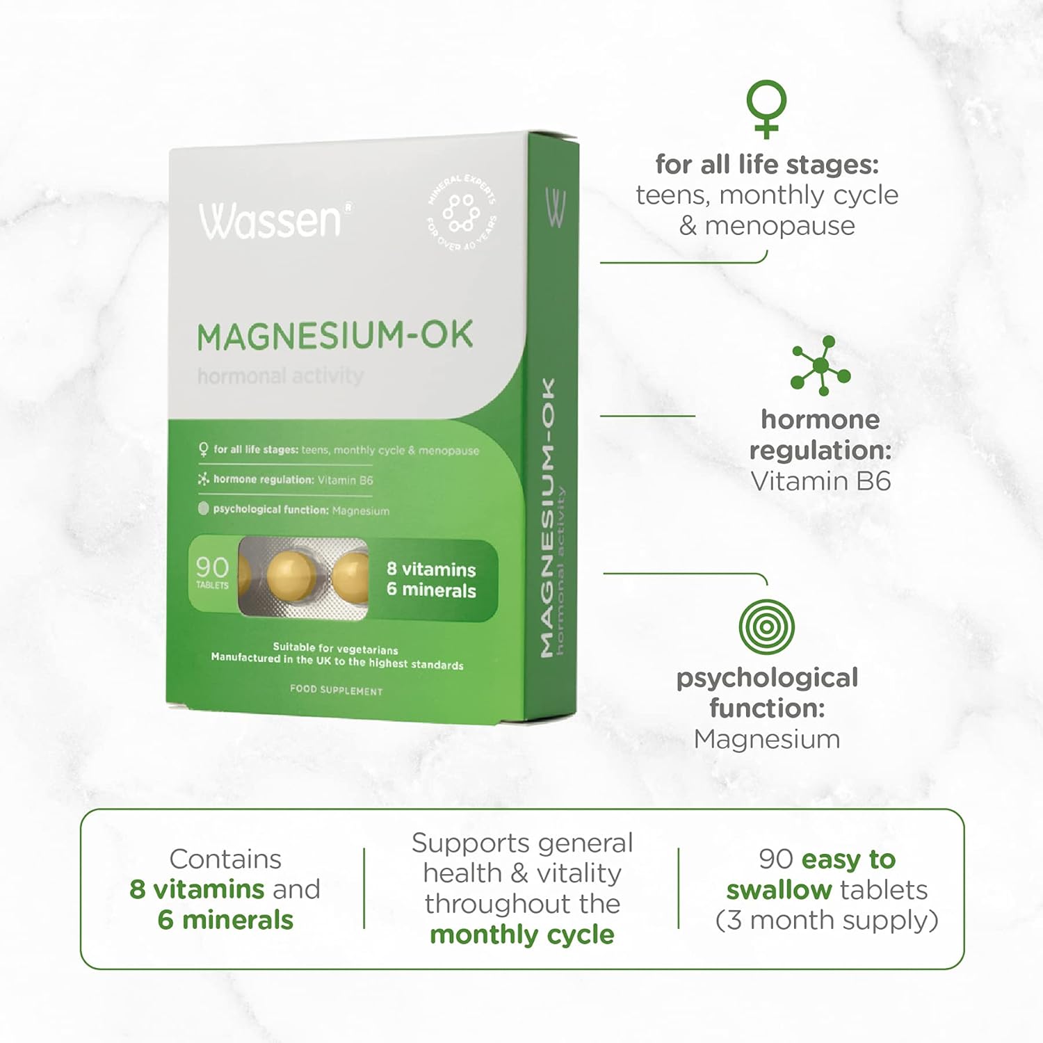 Women's Monthly Cycle Support: Wassen Magnesium OK Vitamins & Minerals - 90 Tablets