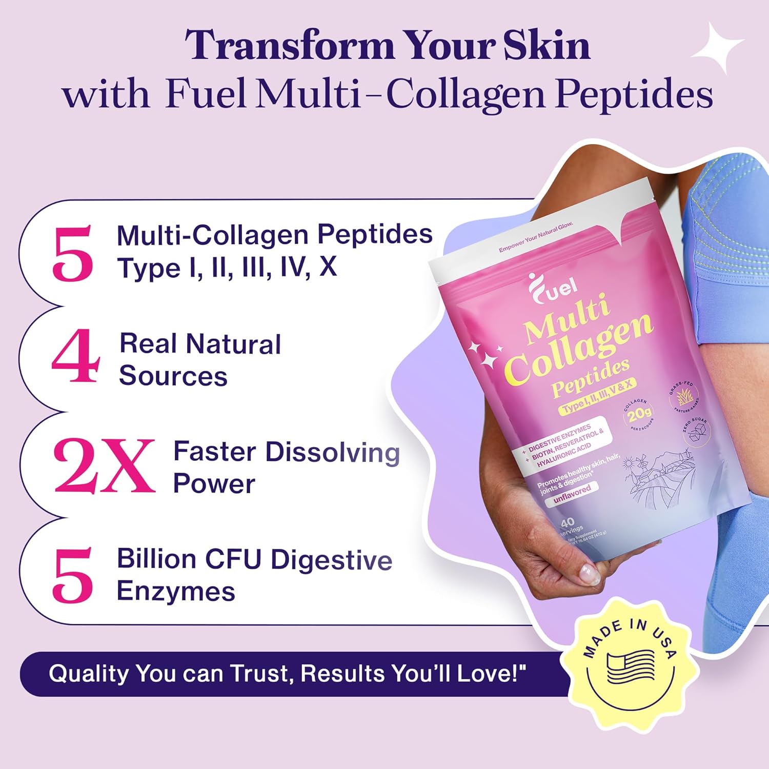 Women's Multi Collagen Protein Powder with Resveratrol Extract - Hydrolyzed Peptides for Skin, Hair, and Nails - Hyaluronic Acid & Biotin - Unflavored