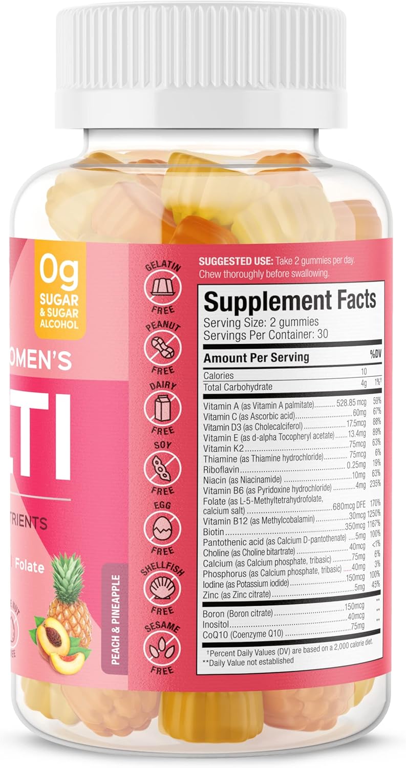 Women's Multi Vitamin Gummies with Boron, Vitamin K2, B12, A - Non GMO, Gluten & Sugar Free - Pineapple & Peach Flavor, 60 Count