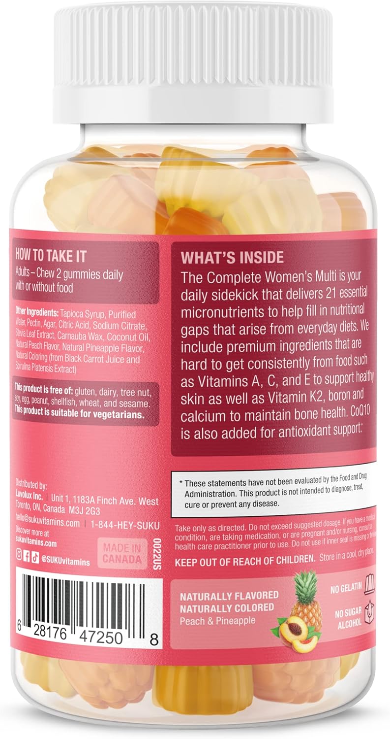 Women's Multi Vitamin Gummies with Boron, Vitamin K2, B12, A - Non GMO, Gluten & Sugar Free - Pineapple & Peach Flavor, 60 Count