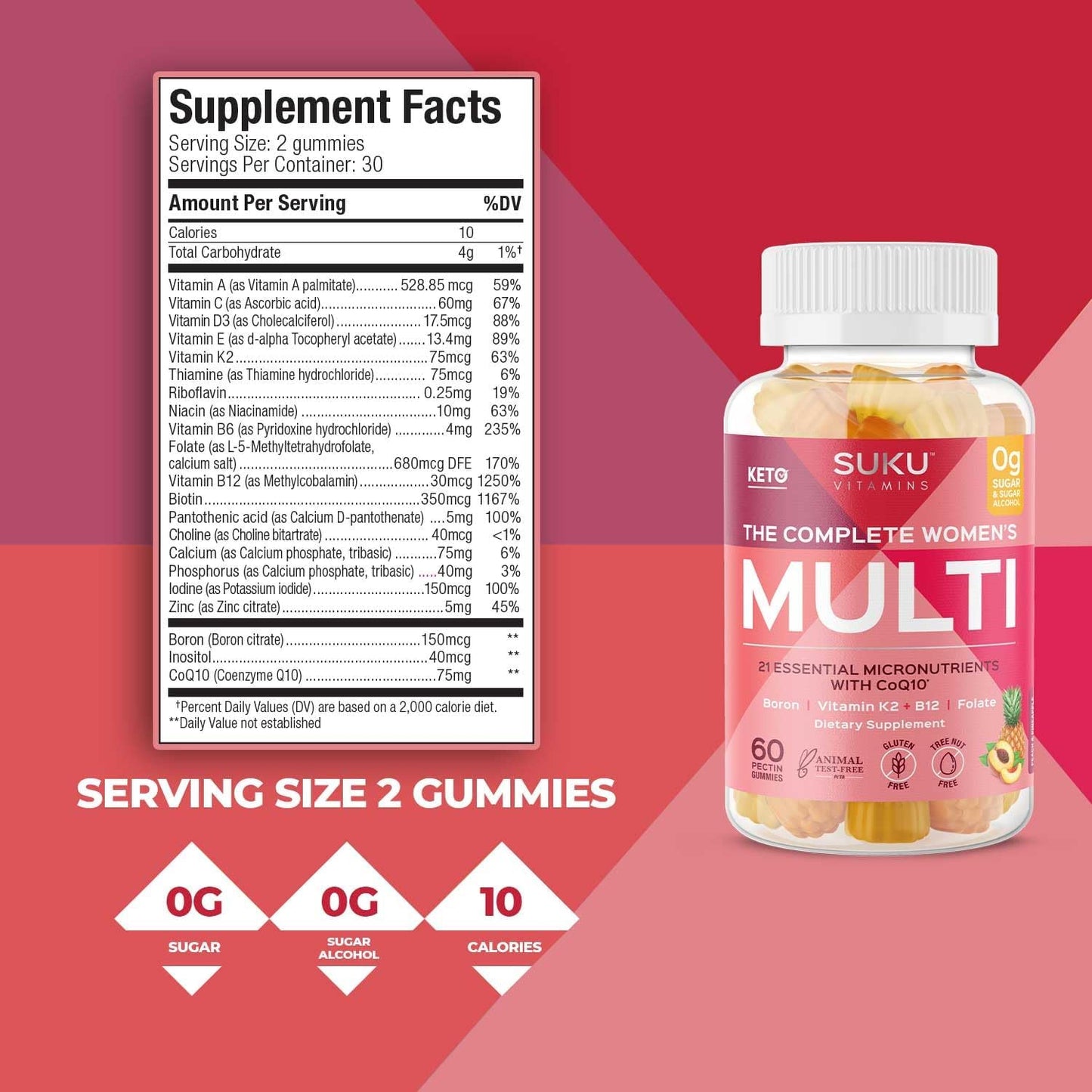 Women's Multi Vitamin Gummies with Boron, Vitamin K2, B12, A - Non GMO, Gluten & Sugar Free - Pineapple & Peach Flavor, 60 Count