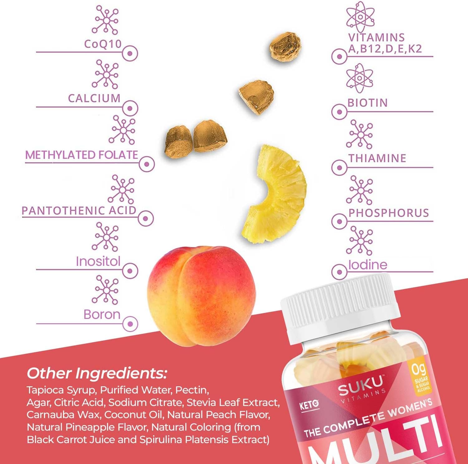 Women's Multi Vitamin Gummies with Boron, Vitamin K2, B12, A - Non GMO, Gluten & Sugar Free - Pineapple & Peach Flavor, 60 Count