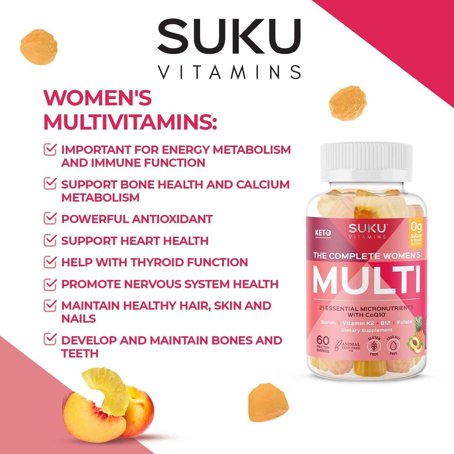 Women's Multi Vitamin Gummies with Boron, Vitamin K2, B12, A - Non GMO, Gluten & Sugar Free - Pineapple & Peach Flavor, 60 Count