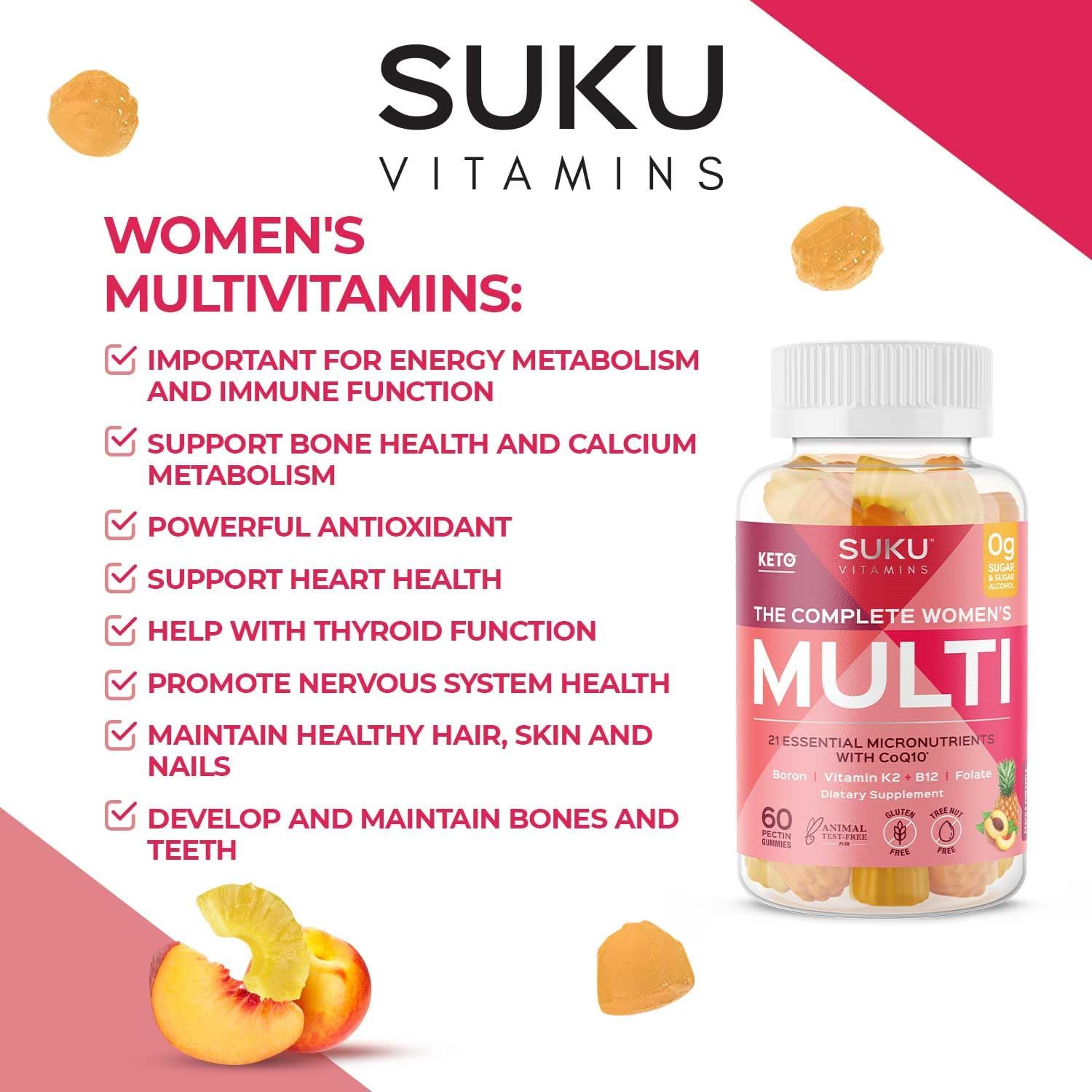 Women's Multi Vitamin Gummies with Boron, Vitamin K2, B12, A - Non GMO, Gluten & Sugar Free - Pineapple & Peach Flavor, 60 Count