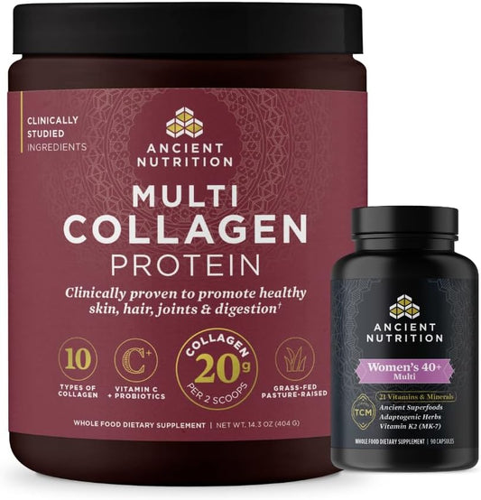 Women's Multivitamin 40+ Once Daily with Multi Collagen Protein Powder, 30 Count + 40 Servings Unflavored