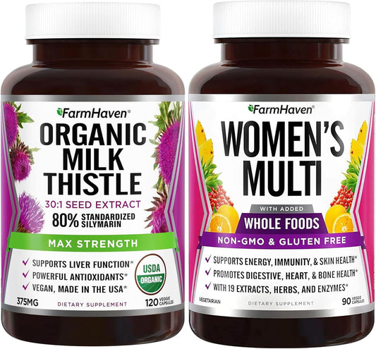Women's Multivitamin Bundle with Milk Thistle Capsules | 22 Essential Nutrients, Fruits & Veggies | Boosts Energy, Immune & Heart Health