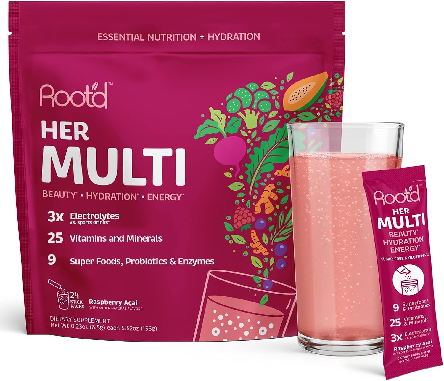 Women's Multivitamin Powder with Triple Electrolytes - 25 Vitamins, Minerals, 9 Organic Superfoods, Probiotics, Enzymes, Sugar-Free, Hydration - 24 Packets