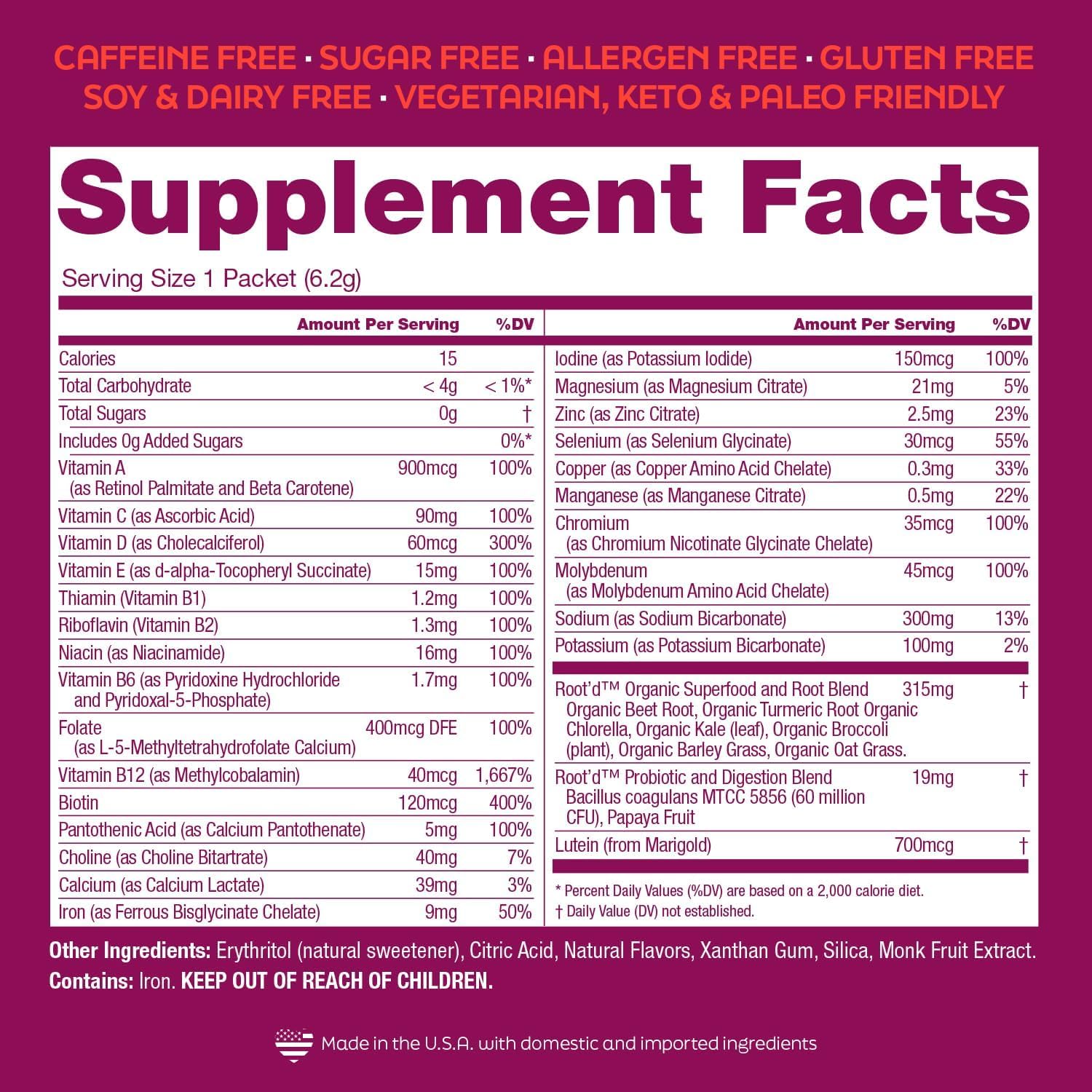 Women's Multivitamin Powder with Triple Electrolytes - 25 Vitamins & Minerals, 9 Organic Superfoods, Probiotics, Enzymes, Sugar-Free Hydration - 24 Packets