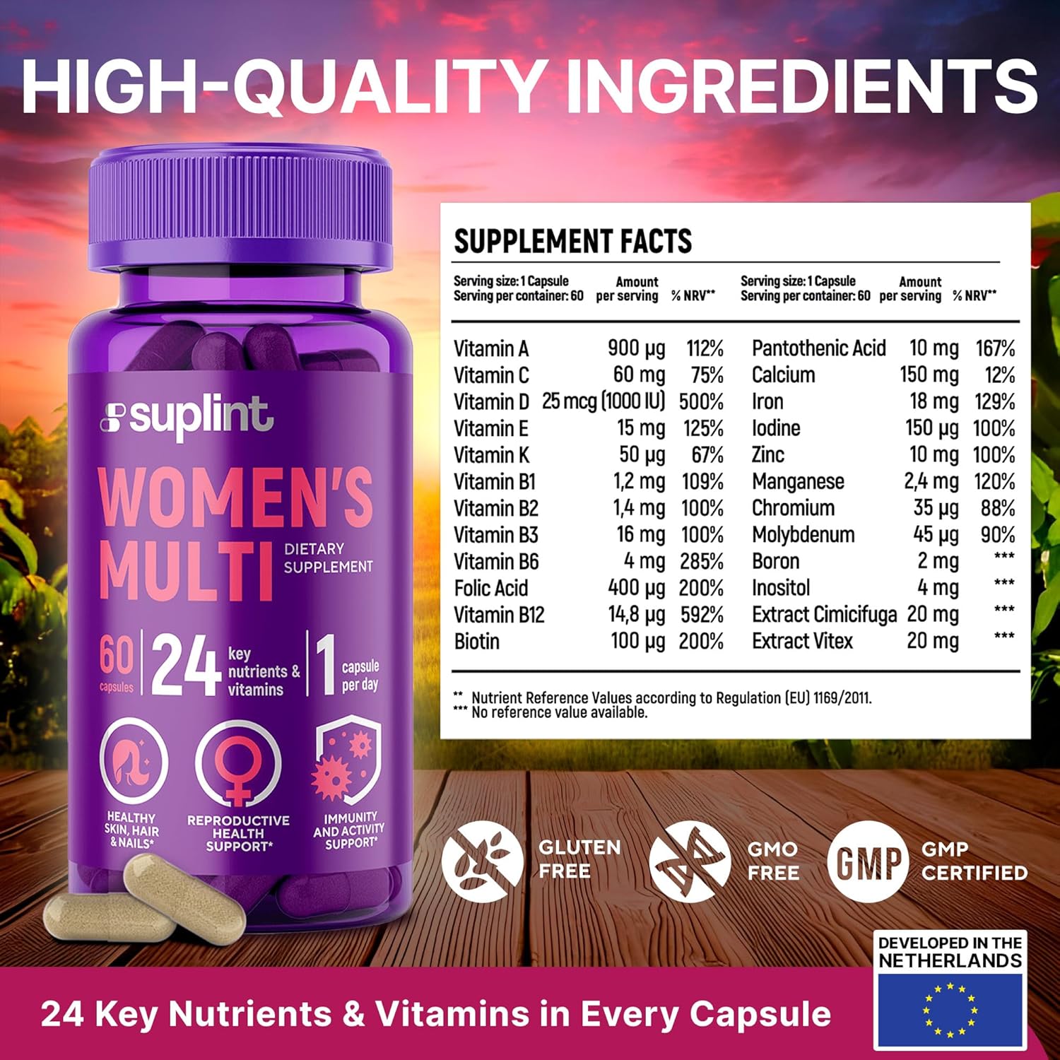 Women's Multivitamin Supplement with Vitamin A, C, D, E, B12, Zinc | Hair, Skin, Nail Health | Reproductive, Activity, Immune Support | 60 Capsules