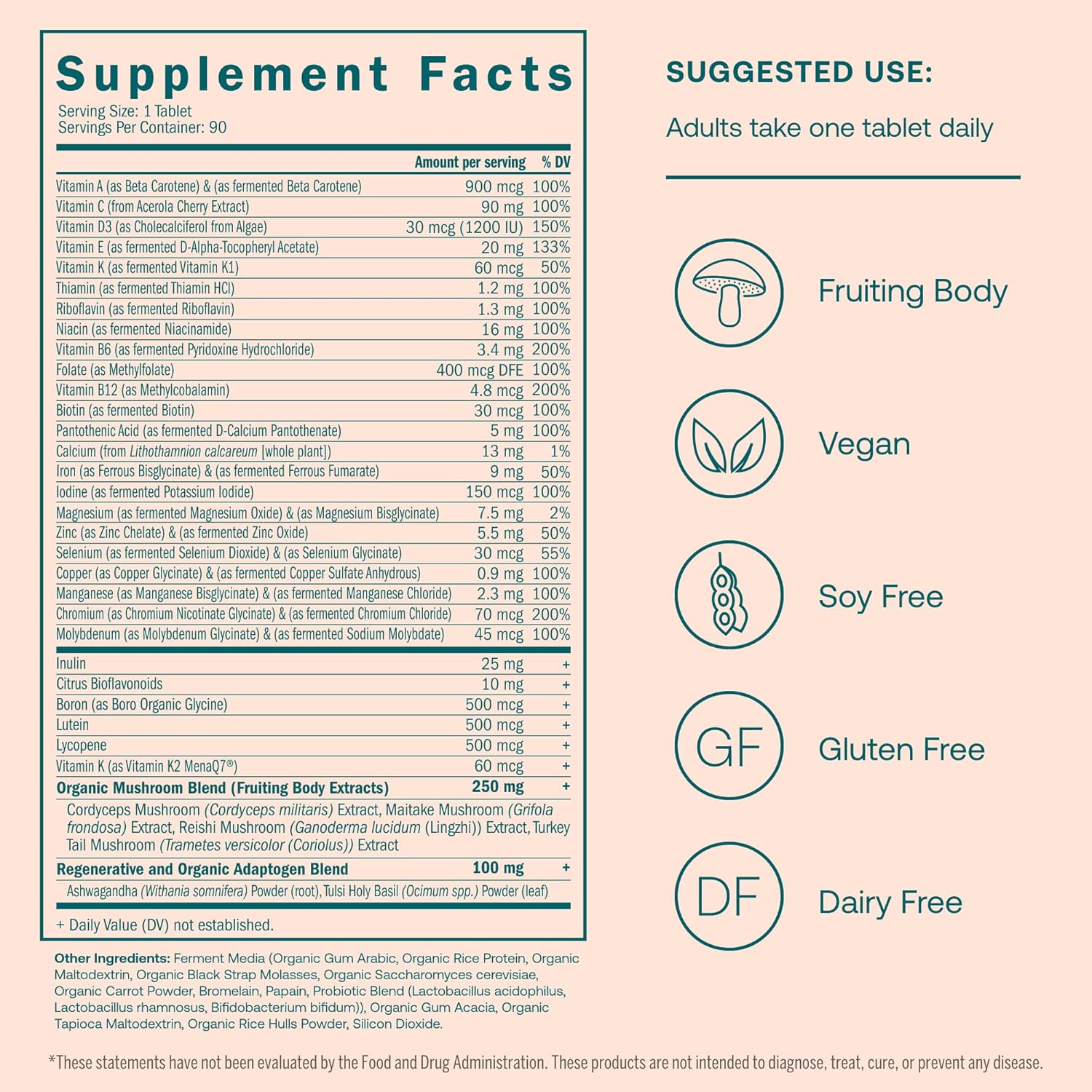 Women's Multivitamin with Fermented Minerals, Organic Adaptogens, Mushrooms - Immune & Energy Support - Non-GMO, Gluten Free, Soy Free - 90 Vegan Tablets