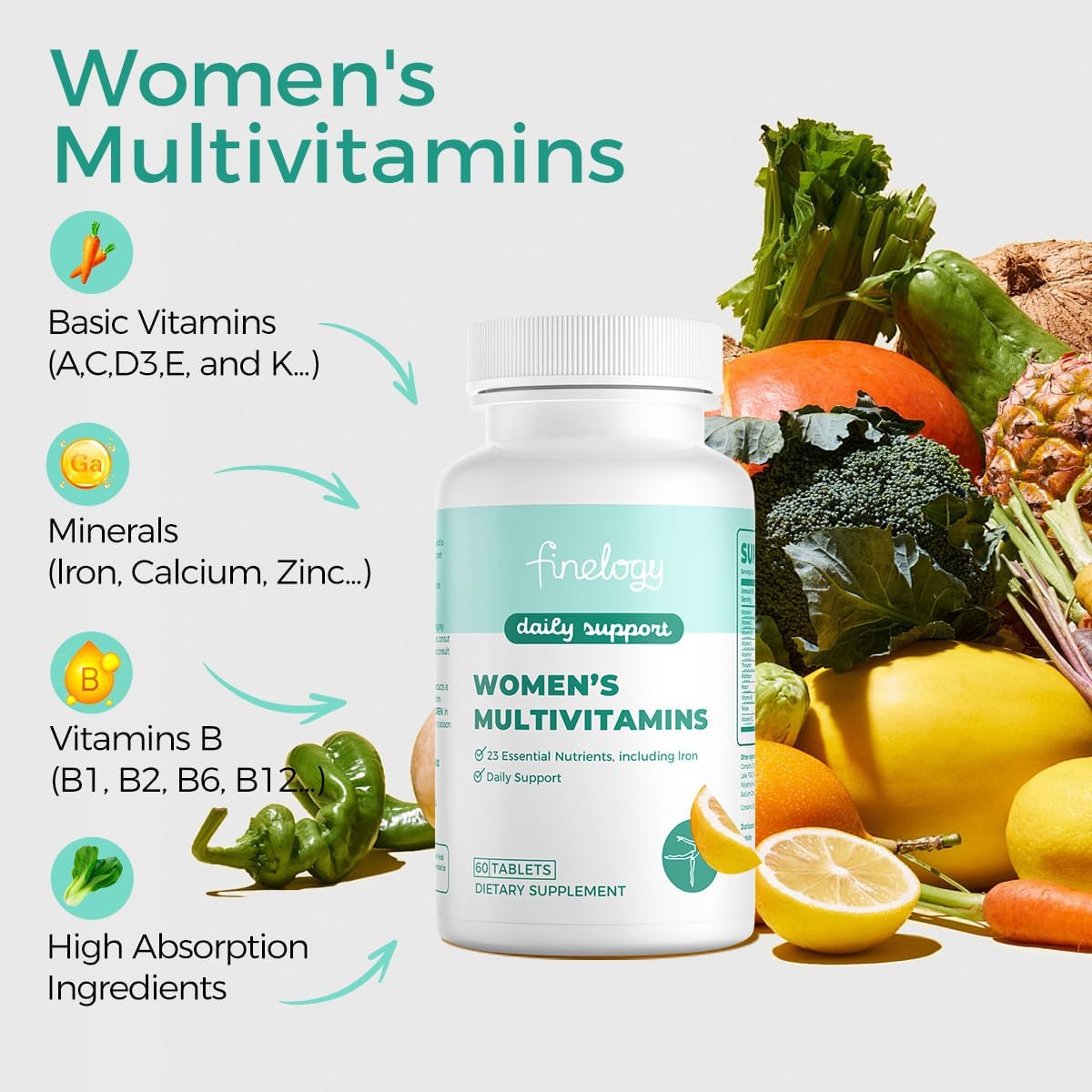 Women's Multivitamin with Iron, Vitamins A, C, D3, K, B6, B12 - Daily Supplement for Health, Energy, Hair, Skin, Nails - 60 Count