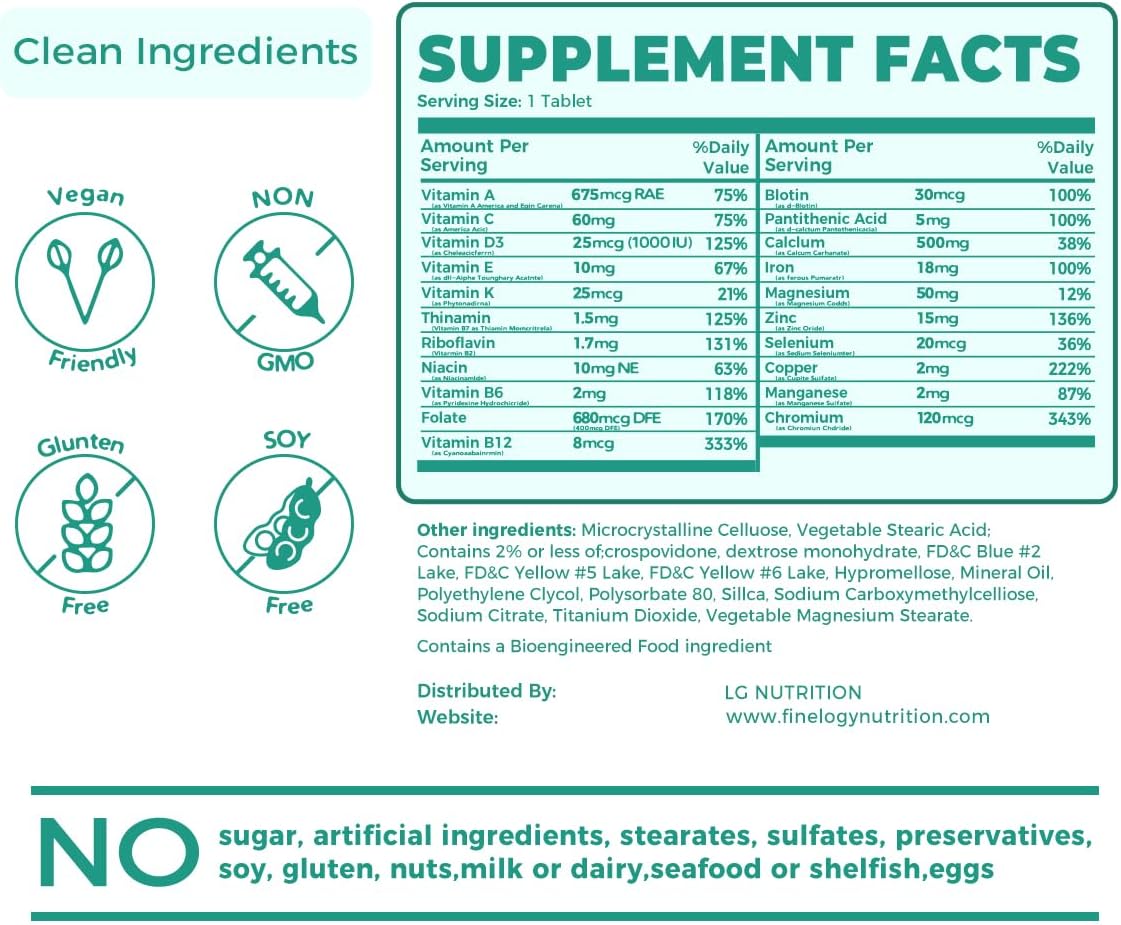 Women's Multivitamin with Iron, Vitamins A, C, D3, K, B6, B12 - Daily Supplement for Health, Energy, Hair, Skin, Nails - 60 Count