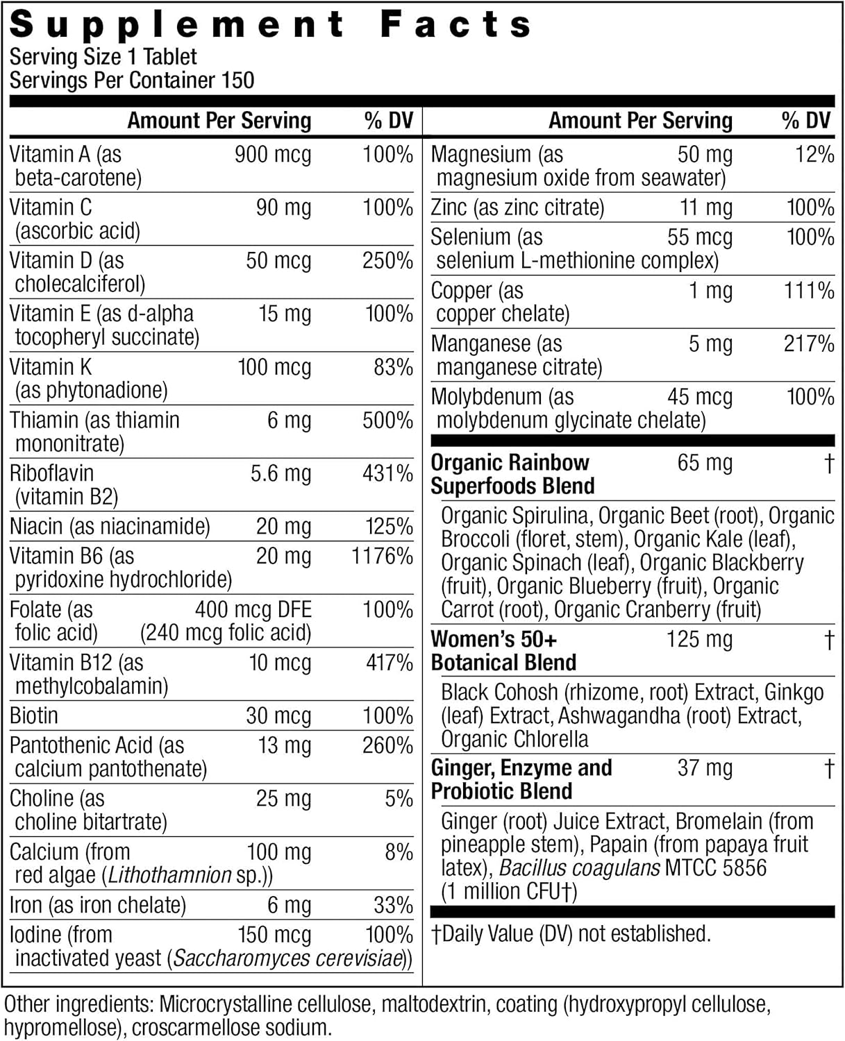 Women's Over 50 Multivitamin with Vitamin C, D, Zinc, Probiotics - High Potency Immune Support, Non-GMO, Vegetarian - 150 Tablets