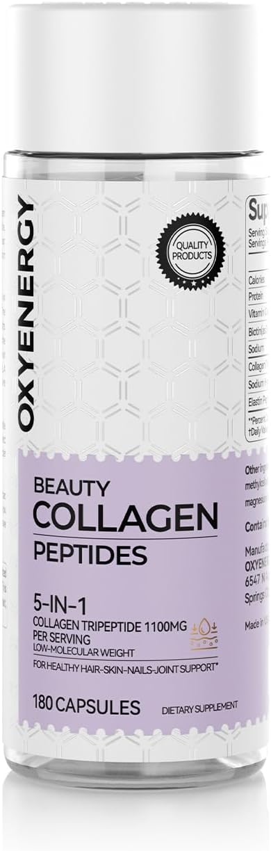 Women's OxyEnergy Collagen Peptides Capsules: 1100mg Hydrolyzed Tripeptides with Biotin & Vitamin C, 180 Pills for Hair, Nail, Skin - 2 Month Supply