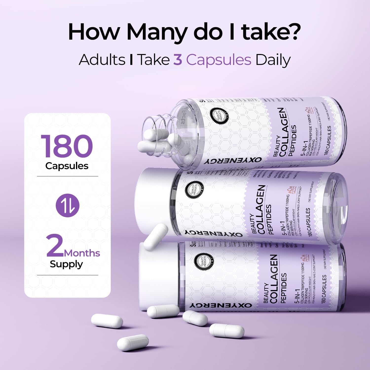 Women's OxyEnergy Collagen Peptides Capsules: 1100mg Hydrolyzed Tripeptides with Biotin & Vitamin C, 180 Pills for Hair, Nail, Skin - 2 Month Supply