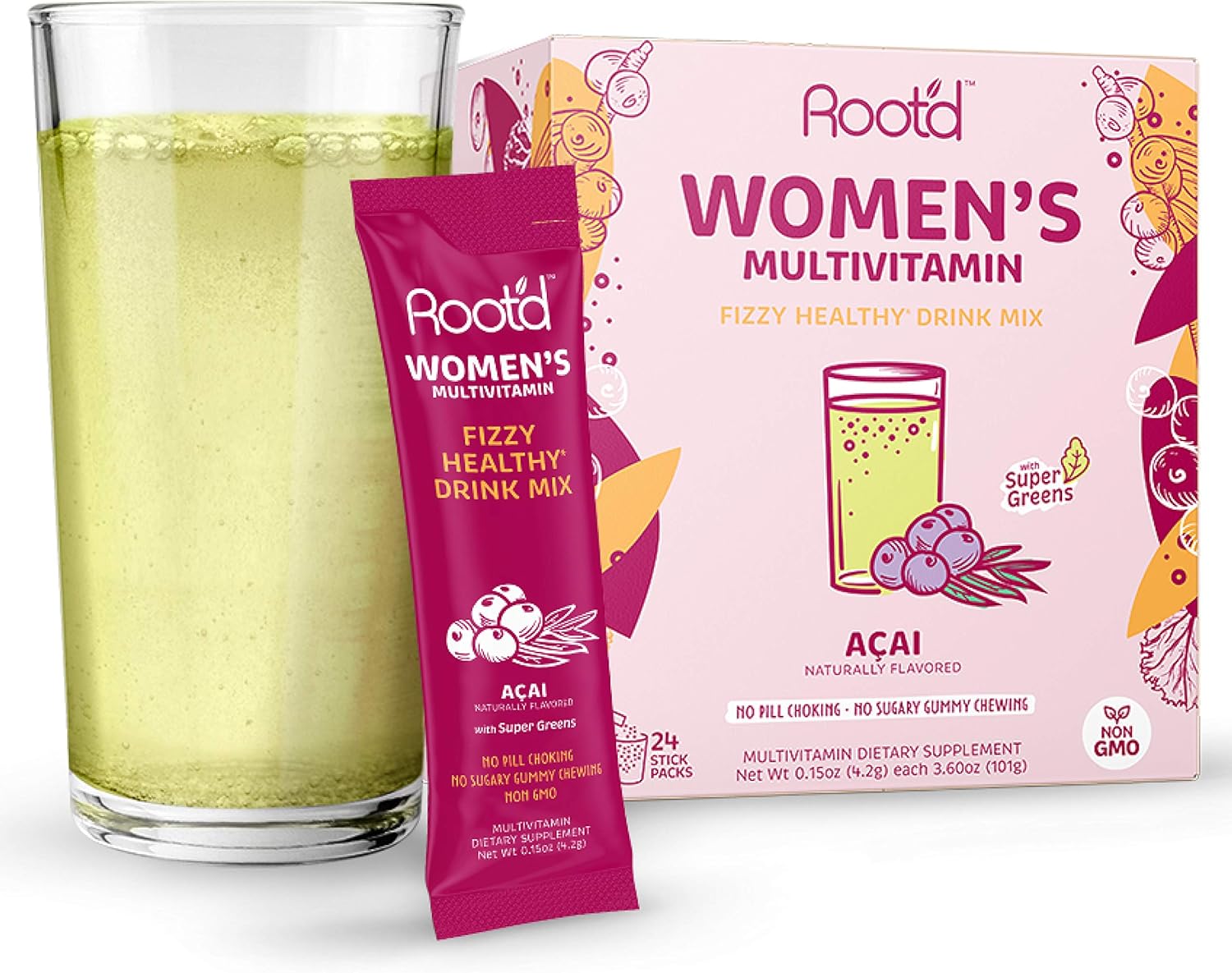 Women's Powder Multivitamin with 25 Vitamins, Minerals, Probiotics, and Super Greens - Acai Flavored Stick Packs
