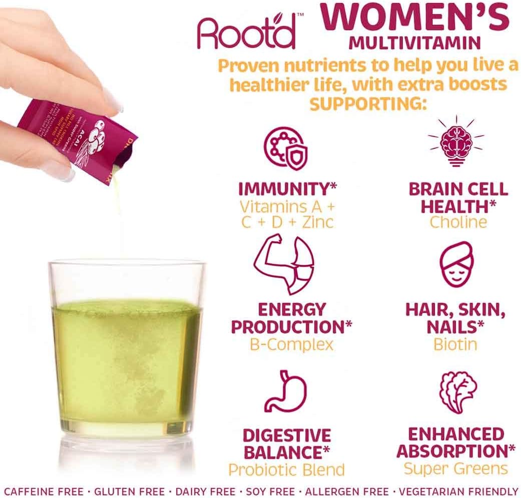 Women's Powder Multivitamin with 25 Vitamins, Minerals, Probiotics, and Super Greens - Acai Flavored Stick Packs