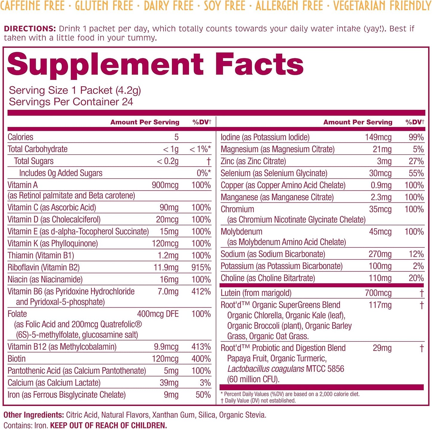 Women's Powder Multivitamin with 25 Vitamins, Minerals, Probiotics, and Super Greens - Acai Flavored Stick Packs