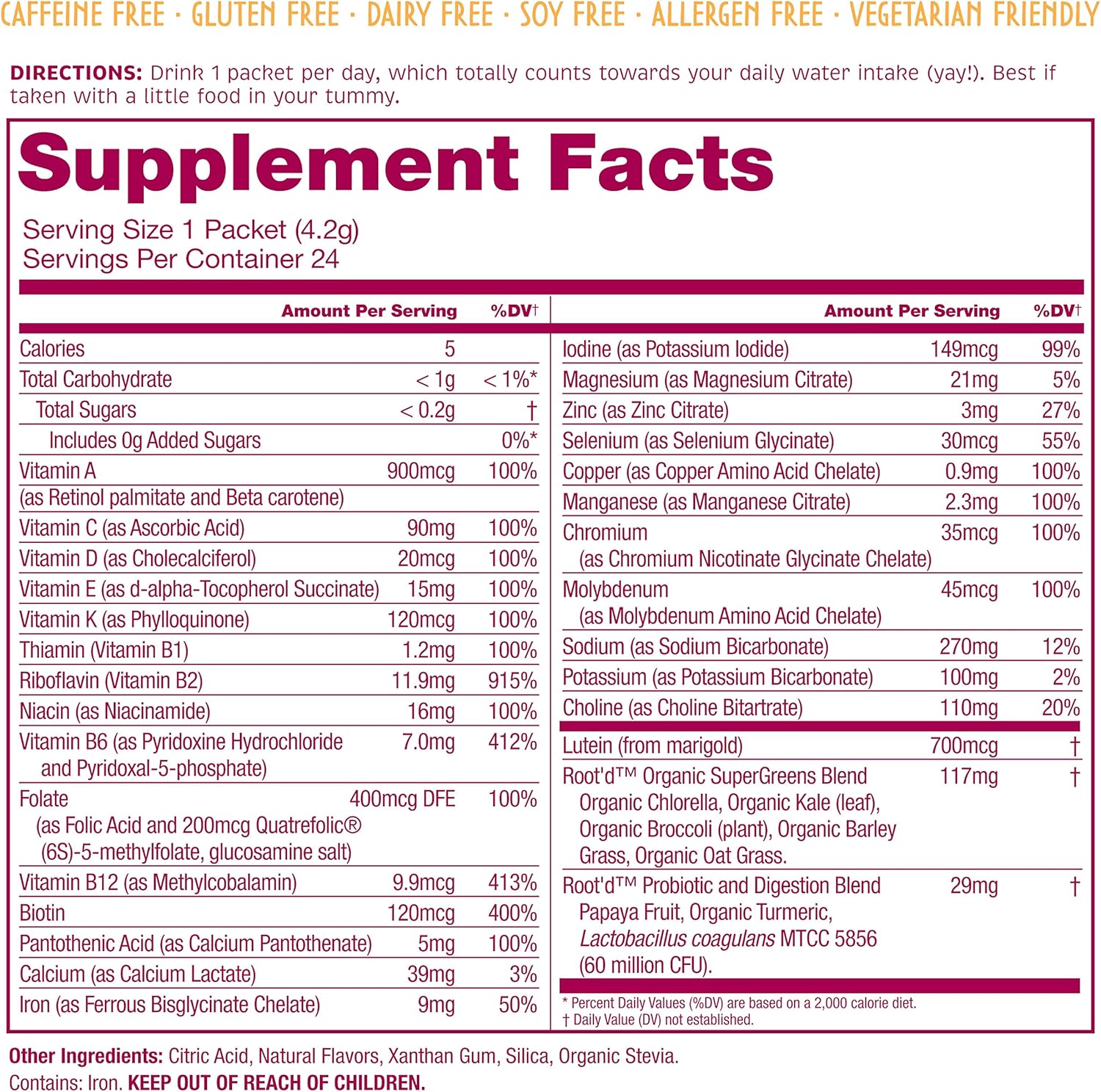 Women's Powder Multivitamin with 25 Vitamins, Minerals, Probiotics, and Super Greens - Acai Flavored Stick Packs