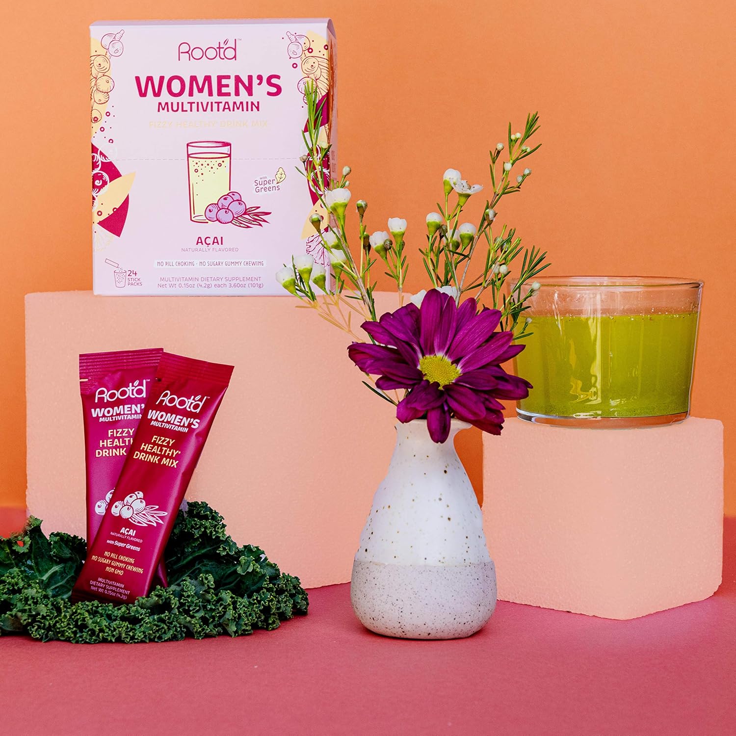 Women's Powder Multivitamin with 25 Vitamins, Minerals, Probiotics, and Super Greens - Acai Flavored Stick Packs