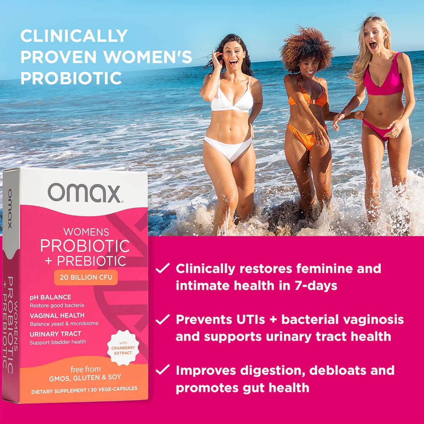 Women's Prebiotic and Probiotic Complex for pH Balance, Vaginal Health, UTI Prevention - Vegan, Organic, Gluten Free