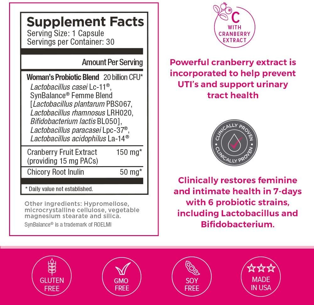 Women's Prebiotic and Probiotic Complex for pH Balance, Vaginal Health, UTI Prevention - Vegan, Organic, Gluten Free