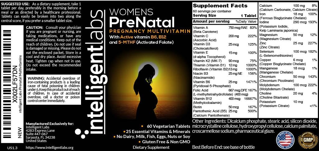 Women's Prenatal Multivitamin with 25 Essential Pregnancy Nutrients, 5-MTHF Folate, Active B12 & B6, Easy-to-Take - 60 Day Supply
