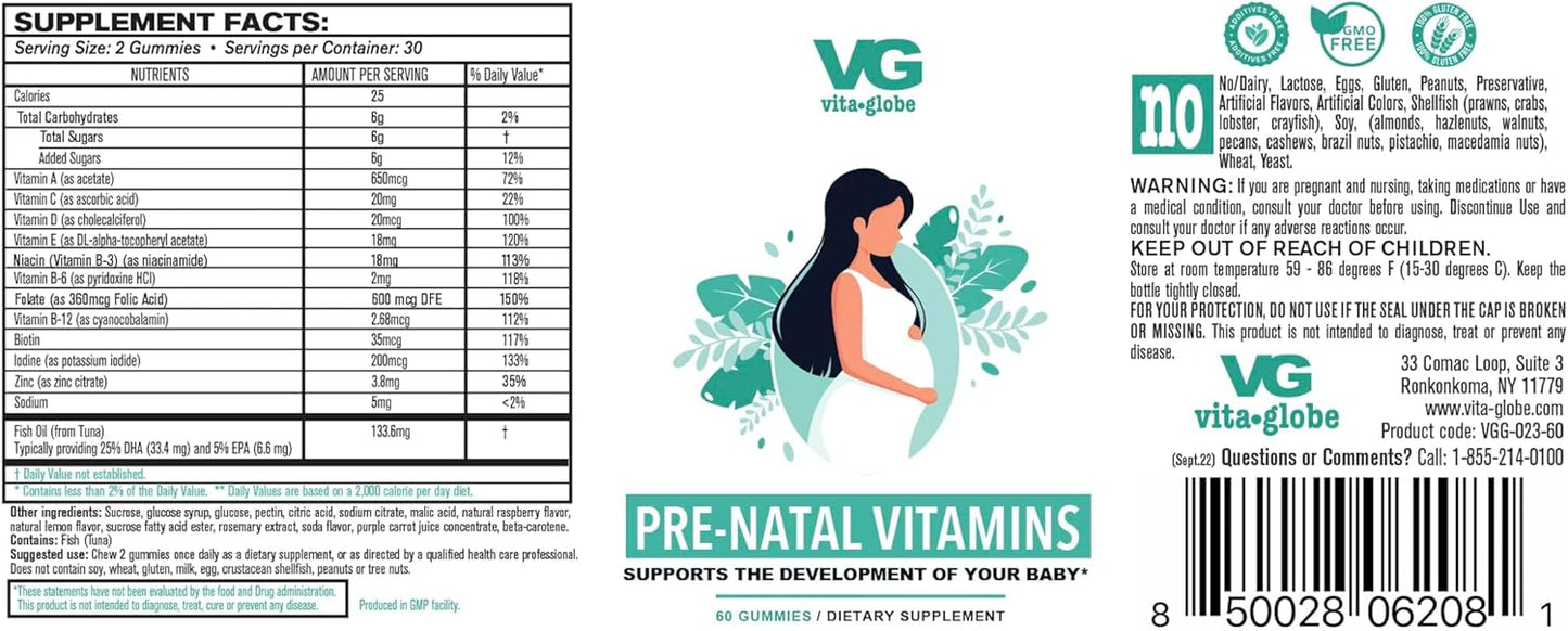 Women's Prenatal Vitamin Gummy with Vitamin A, D, E, B6, Folate, and Biotin for Healthy Growth and Brain Development - 60 Count