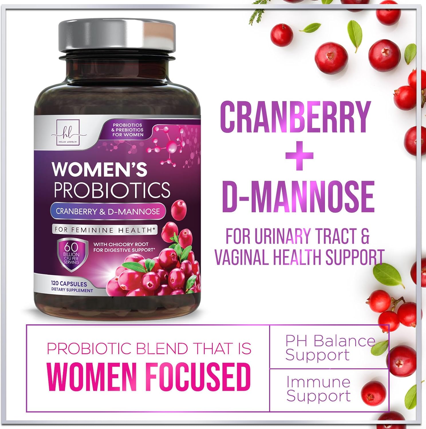 Women's Probiotic 60 Billion CFU, 16 Strains for pH Balance, Vaginal & Digestive Health, Prebiotic + Cranberry - 120 Capsules