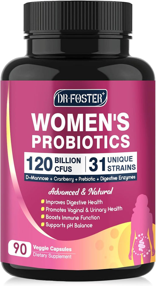 Women's Probiotic Blend with 31 Strains, 120 Billion CFU, Digestive Enzymes, Prebiotics, D Mannose, Cranberry - Supports Digestive & Vaginal Health, Urinary Tract - 90 Capsules