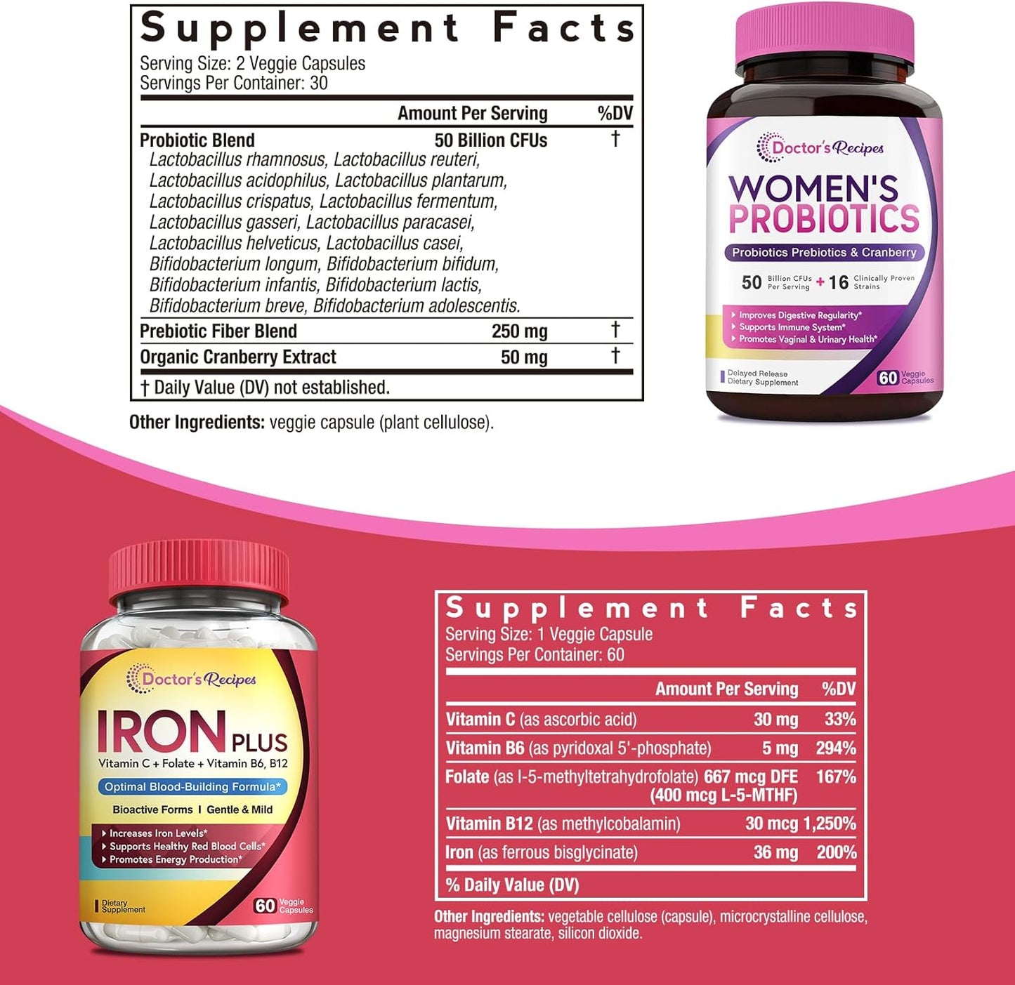 Women's Probiotic & Iron Bundle for Feminine Health & Blood Support - Doctor's Recipes Probiotic & Iron Capsules (60ct each)