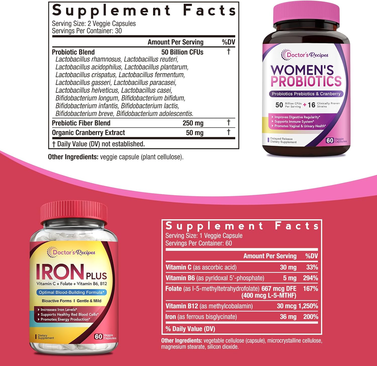 Women's Probiotic & Iron Bundle for Feminine Health & Blood Support - Doctor's Recipes Probiotic & Iron Capsules (60ct each)