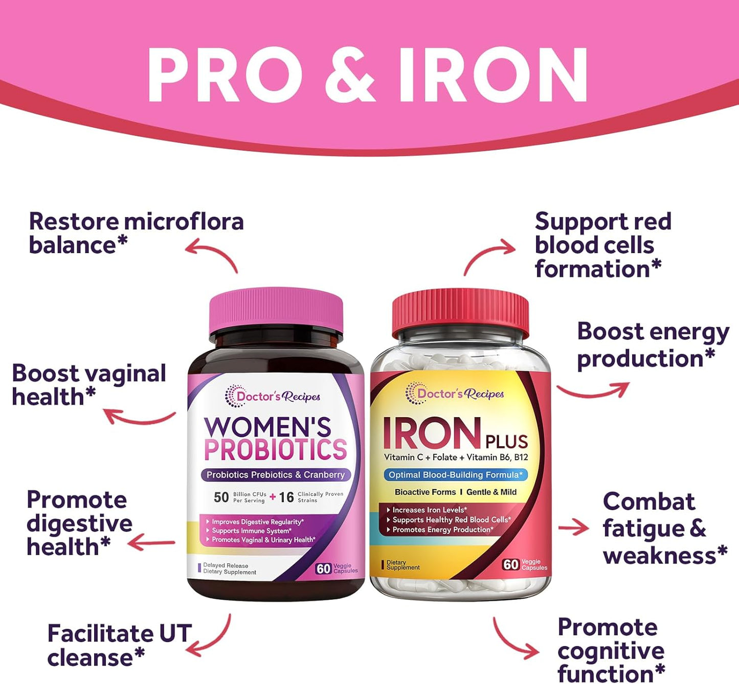 Women's Probiotic & Iron Bundle for Feminine Health & Blood Support - Doctor's Recipes Probiotic & Iron Capsules (60ct each)