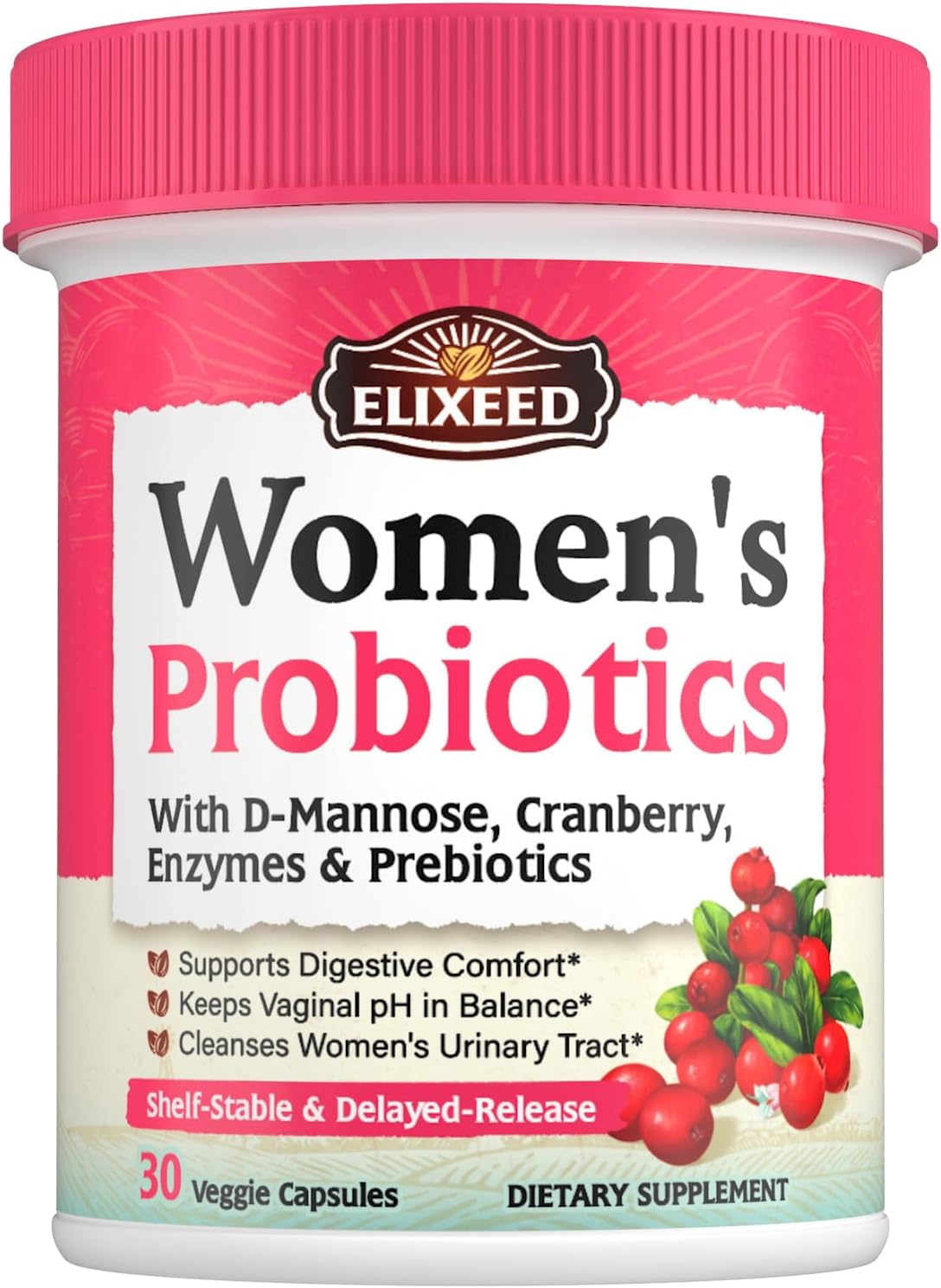 Women's Probiotic Supplement with 120 Billion CFU, Prebiotics, Cranberry, D-Mannose & Enzymes for Digestive, Vaginal & Urinary Health - 30 Capsules
