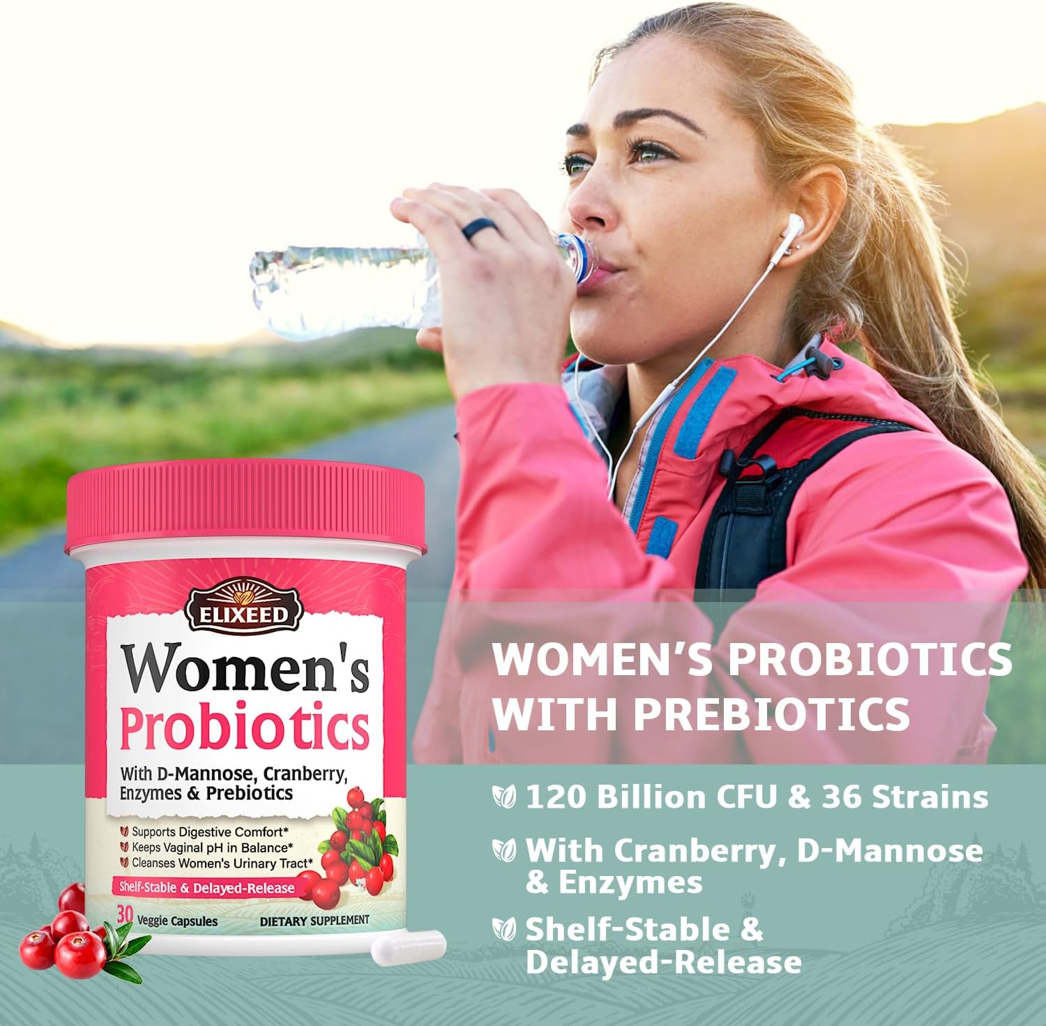 Women's Probiotic Supplement with 120 Billion CFU, Prebiotics, Cranberry, D-Mannose & Enzymes for Digestive, Vaginal & Urinary Health - 30 Capsules