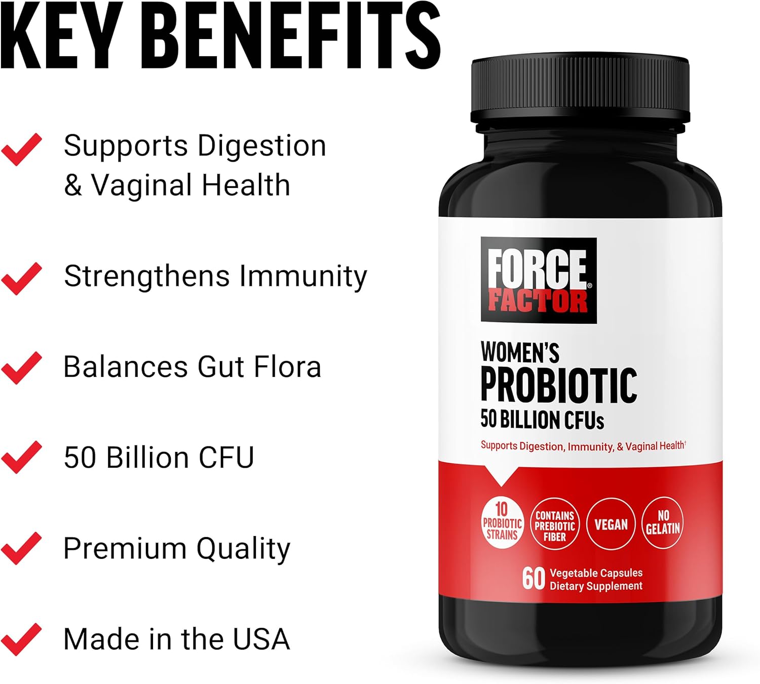 Women's Probiotic Supplement with 50 Billion CFU, 10 Strains for Digestive, Immune, and Vaginal Health, Vegan, 60 Capsules