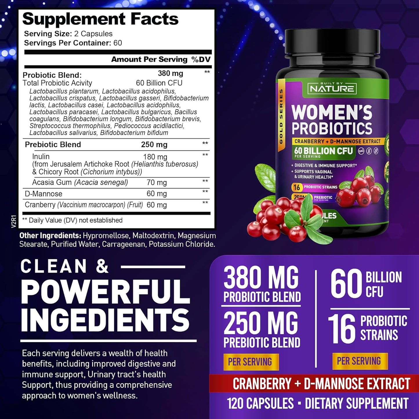 Women's Probiotic Supplement with 60 Billion CFUs, 16 Strains, Cranberry, D-Mannose, & Prebiotics - Digestive, Immune, & Vaginal Health Support - Non-GMO, Dairy & Gluten-Free - 120 Capsules