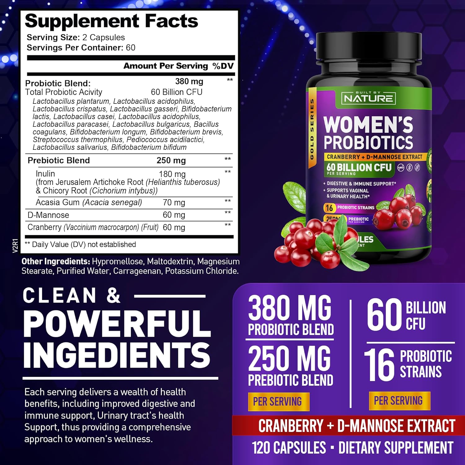 Women's Probiotic Supplement with 60 Billion CFUs, 16 Strains, Cranberry, D-Mannose, & Prebiotics - Digestive, Immune, & Vaginal Health Support - Non-GMO, Dairy & Gluten-Free - 120 Capsules