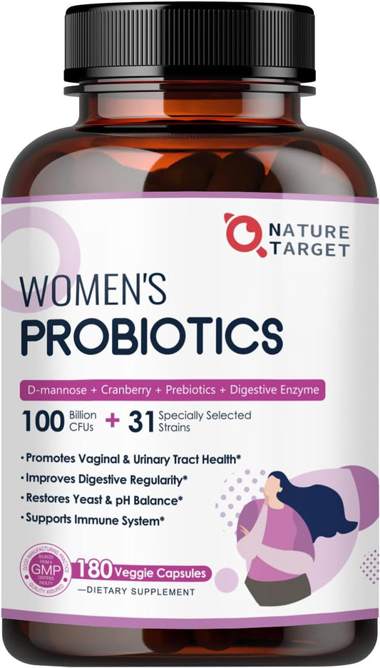 Women's Probiotic with 100 Billion CFUs, Digestive Enzymes, Prebiotics, Cranberry - 180 Capsules