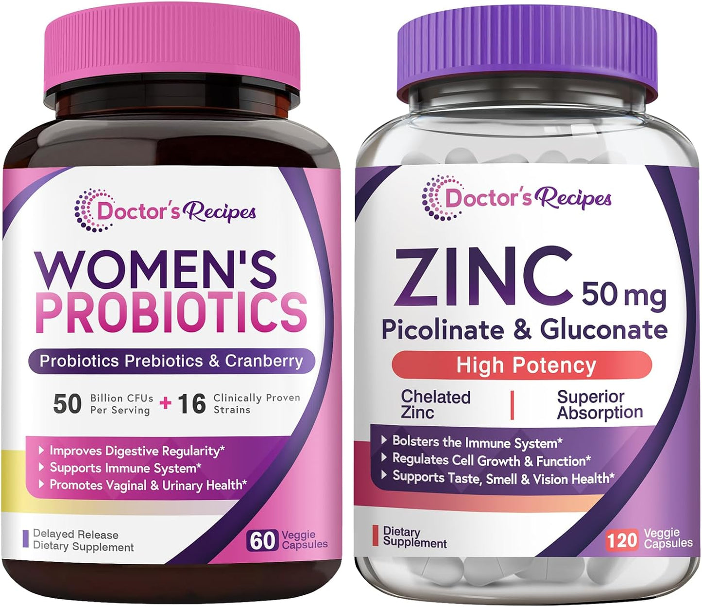 Women's Probiotic & Zinc Bundle for Digestive, Vaginal, & Urinary Health - Immune Defense & Delayed Release - 60 Probiotic Capsules & 120 Zinc Capsules