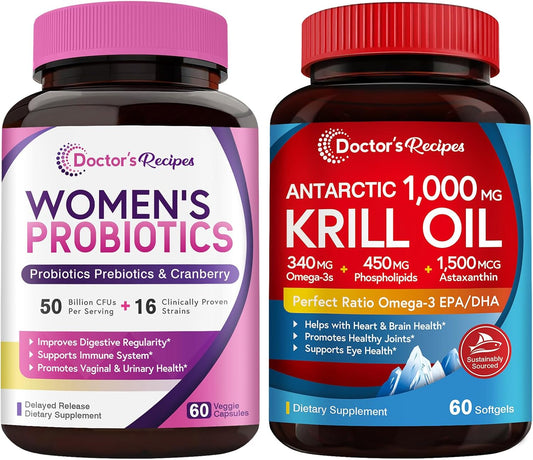 Women's Probiotics & Antarctic Krill Oil Bundle for Digestive, Joint, and Immune Health - Gluten-Free, 60 Probiotic Capsules & 60 Krill Oil Softgels