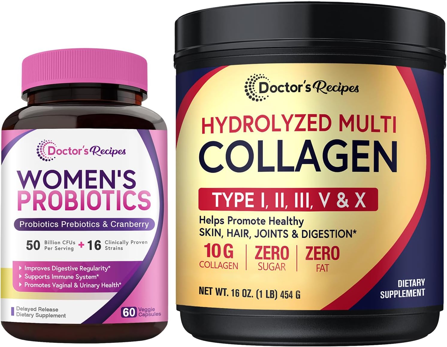 Women’s Probiotics & Collagen Bundle for Vaginal, Skin, Hair, Nail Health - Doctor's Recipes Value Pack, Gluten-Free (60 Capsules + 45 Servings)