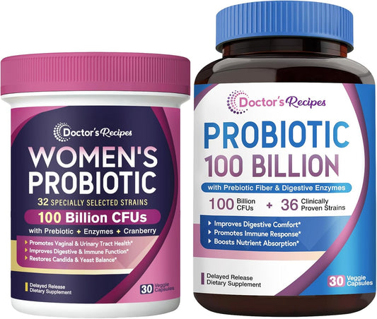 Women’s Probiotics & Probiotics 100 Billion CFUs Bundle for Vaginal & Urinary Health, Digestive Comfort - Doctor's Recipes, Shelf Stable & Delayed Release Formula for Men & Women