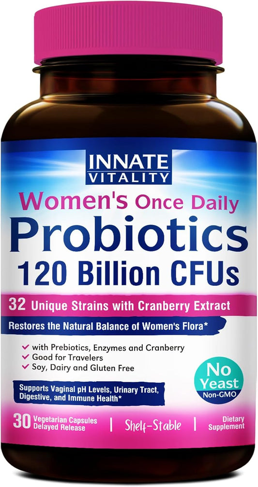 Women's Probiotics with 120 Billion CFU, 32 Strains, Yeast Control, Vaginal pH Support, Prebiotics, Digestive Enzymes, Cranberry - 30 Capsules