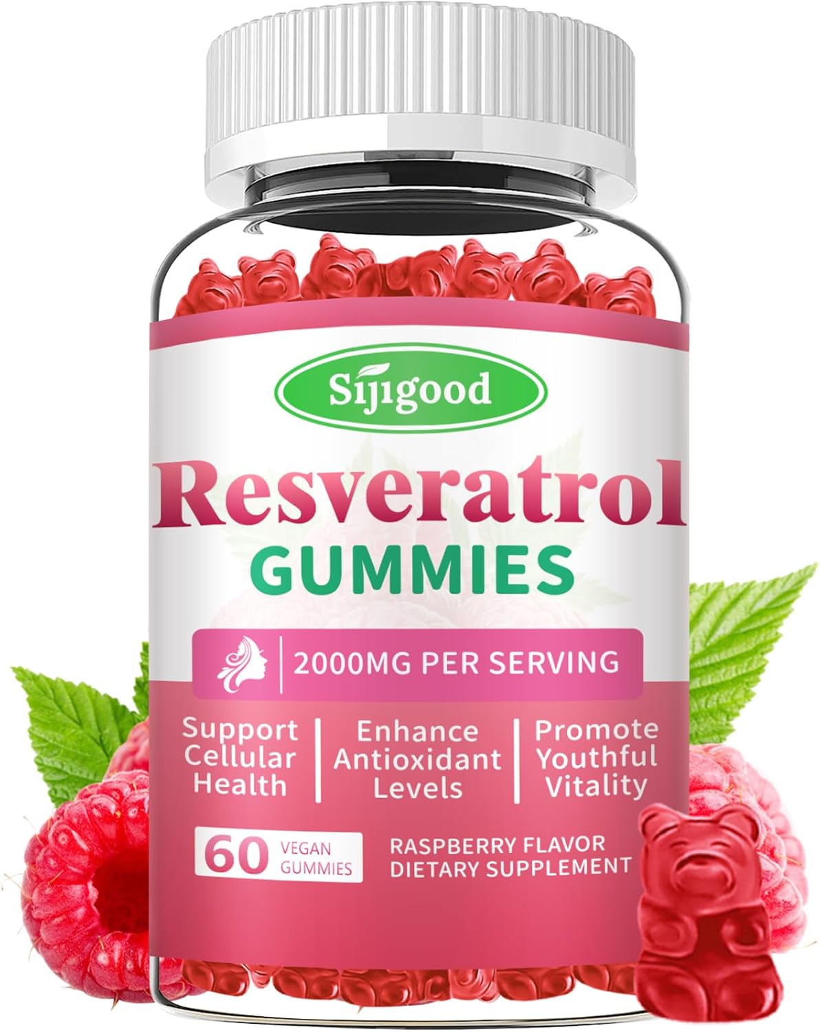 Women's Raspberry Flavored Resveratrol Gummies - Sugar Free, Vegan Antioxidant Supplement for Cellular Health and Vitality - 60 Count