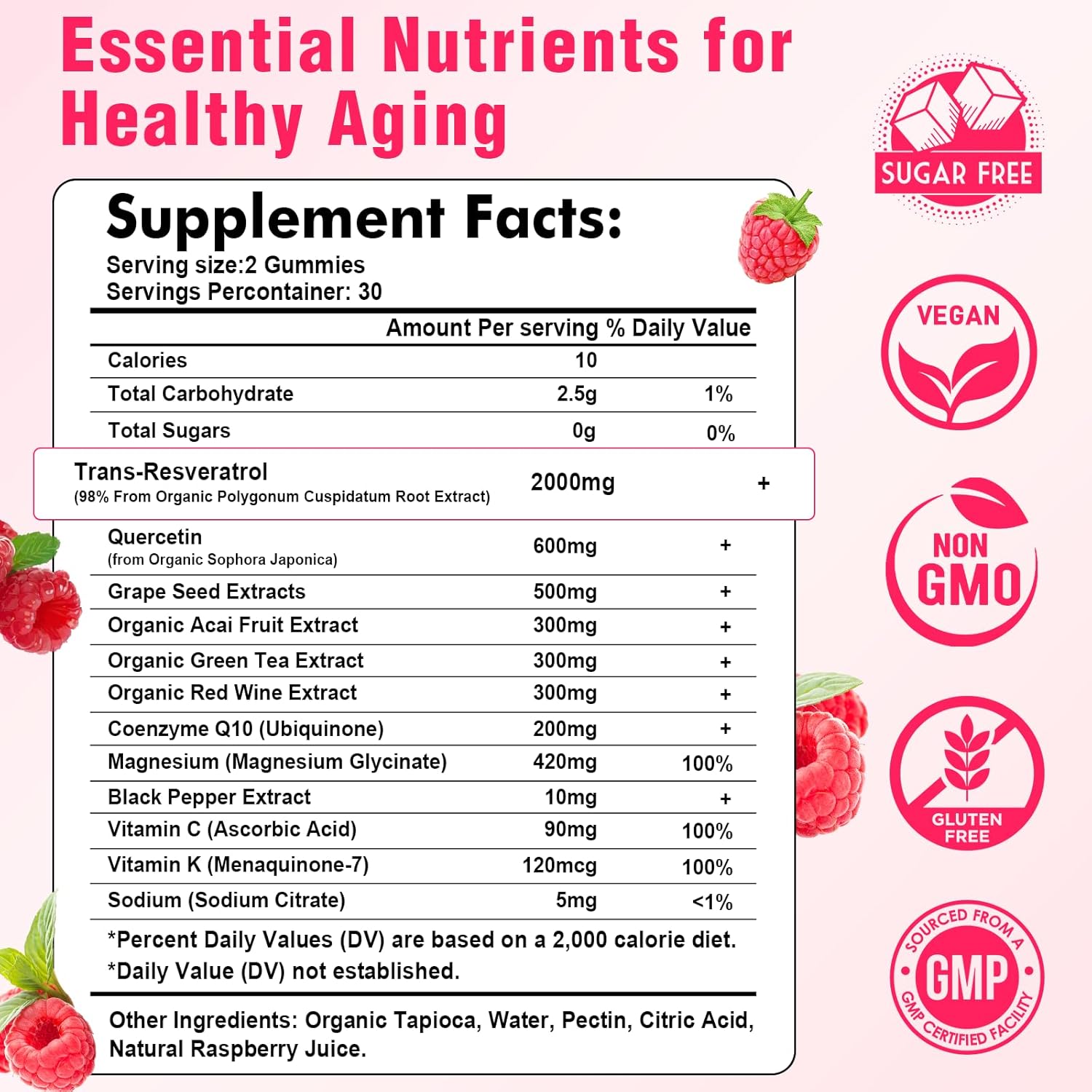 Women's Raspberry Flavored Resveratrol Gummies - Sugar Free, Vegan Antioxidant Supplement for Cellular Health and Vitality - 60 Count